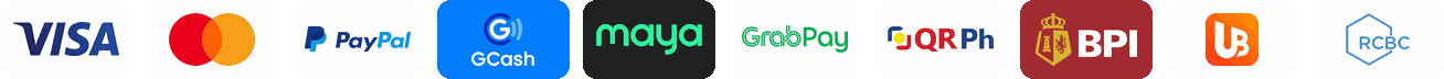Accepted payments: Visa, Mastercard, PayPal, GCash, Maya, GrabPay, QR Ph, BPI, UnionBank, RCBC
