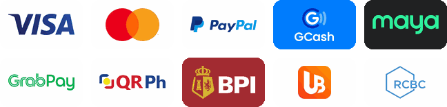 Accepted payments: Visa, Mastercard, PayPal, GCash, Maya, GrabPay, QR Ph, BPI, UnionBank, RCBC